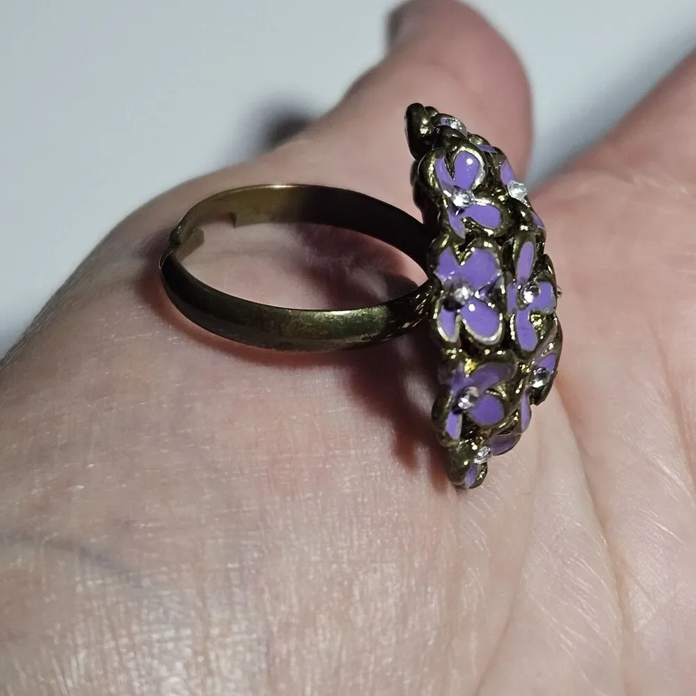 Gold Tone Purple Enamel Flower Ring With Clear Rhinestone Accents Adjustable